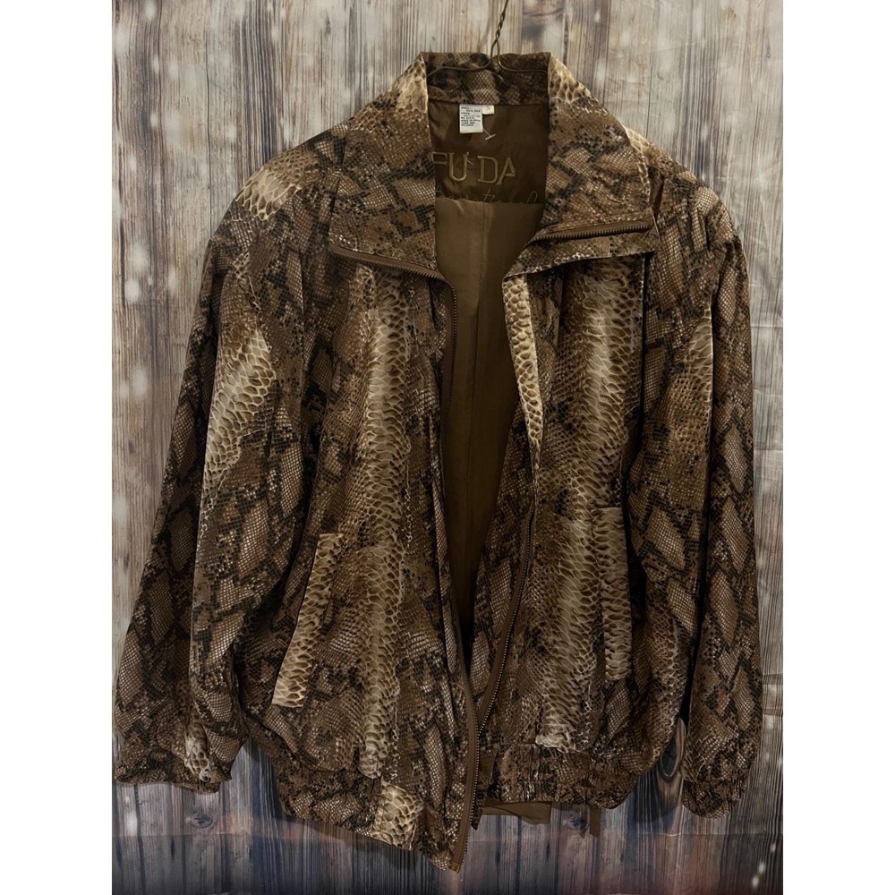 Fuda International Silk Bomber Jacket & Pant Set Womens S Brown Snakeskin Print - Picture 2 of 4